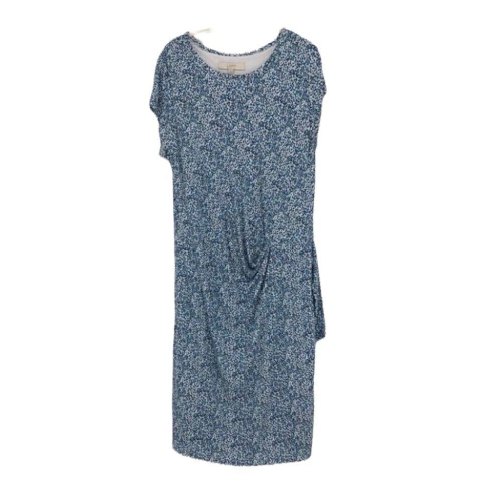 LOFT Light blue white dotted side gather short sleeve rayon midi sheath dress L